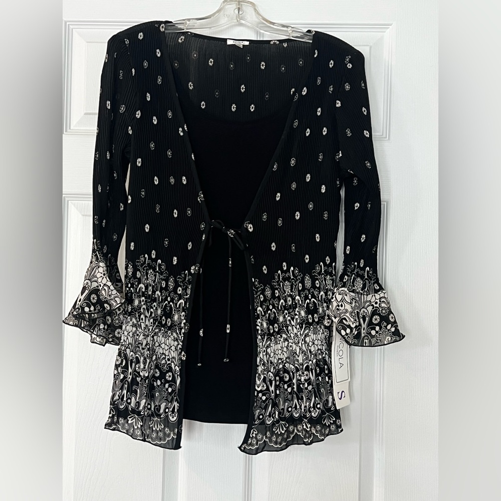NICOLA Black Textured Top with White Floral Accents